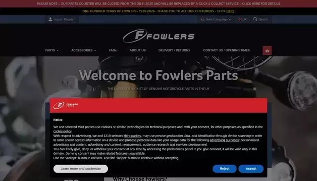 fowlersparts.co.uk homepage screenshot