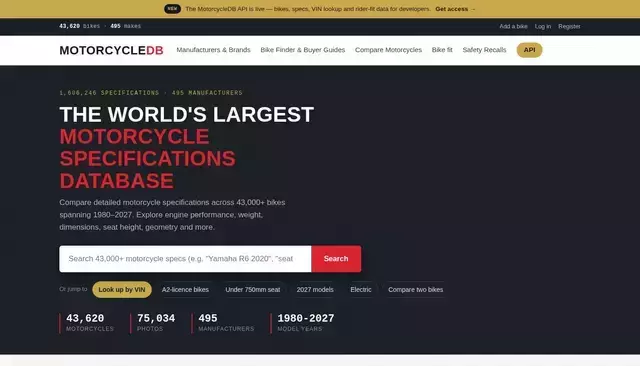motorcycledb.com homepage screenshot